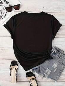 Gradient Letter Print Women's Plus Size T-Shirts Crew Neck Novelty Shirts Casual Short Sleeve Tops Suitable For Yoga, Sports And Daily Wear, Machine Washable, Suitable For Gift Giving - màu đen - Xem 3