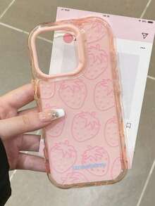 粉色草莓图案软硅胶手机壳，单件装，兼容 16 Pro Max、15、14、13系列，具有保护功能 - 淺粉色 - 查看 2