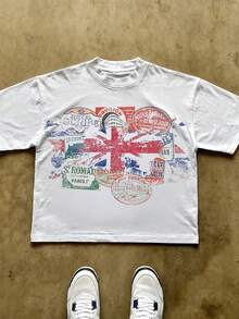 Y2KCHAOS Vintage British Flag Graphic Tee With Hotel And City Stamps Print Casual Streetwear Style For Men Who Love Retro Travel Themes And Classic Americana Vibes Vintage Style 220 Pure Cotton T-Shirt Men's T-Shirt - 白色 - 查看 1