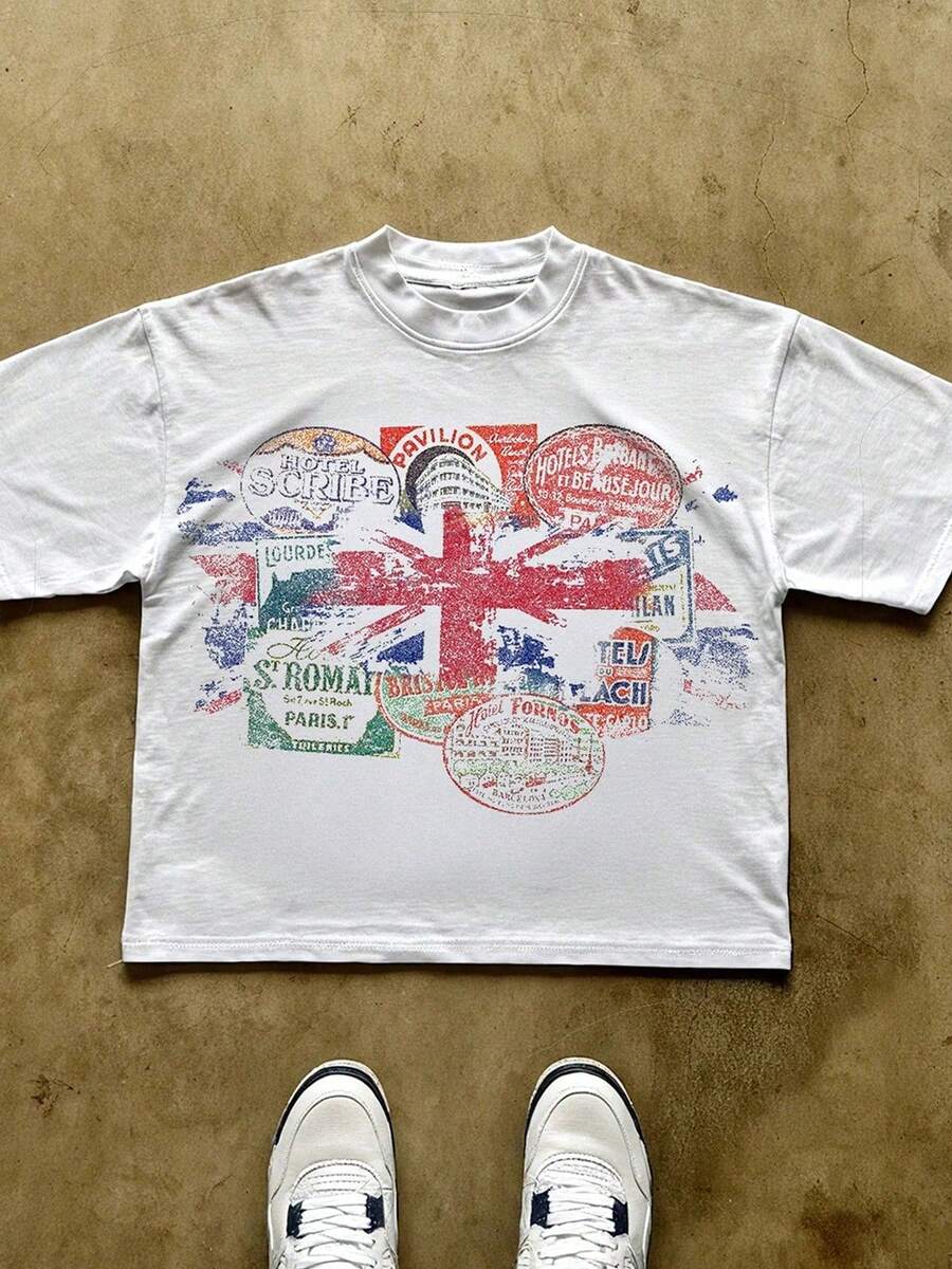 Y2KCHAOS Vintage British Flag Graphic Tee With Hotel And City Stamps Print Casual Streetwear Style For Men Who Love Retro Travel Themes And Classic Americana Vibes Vintage Style 220 Pure Cotton T-Shirt Men's T-Shirt - 白色 - 查看 1
