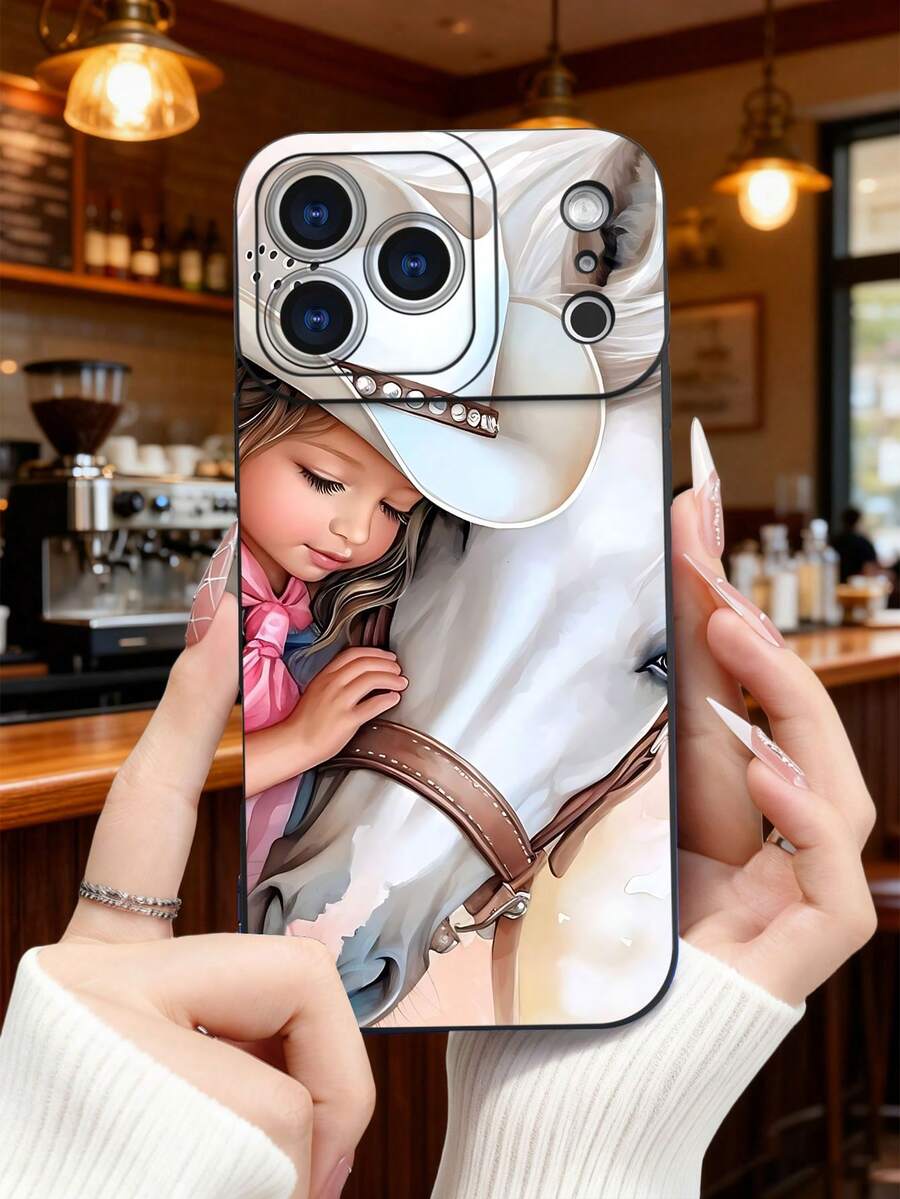 1 pieza Funda de teléfono con diseño de niña vaquera y caballo blanco, estilo rural americano reconfortante, ideal para regalo festivo, protección elevada para lente con diseño de ojo de cámara, resistente a golpes, compatible con iPhone 17 Pro Max/16/15/14/13/12/11/Plus/Pro/Pro Max, compatible con Galaxy A34/A35/A54/A55, Galaxy S20/S21/S22/S23/S24/S25 Ultra/Plus, compatible con Galaxy/Redmi/Honor/OPPO/ViVo - Negro - Ver 1