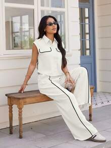 MODA MO, REF: AS1637 - Women's Set Consisting Of Pants And A Sleeveless Cardigan With A High Neck, White Striped Print, Faux Pockets On The Top, Pockets On The Pants, Elastic Waistband And Elastic Buckle. - 白色 - 查看 3