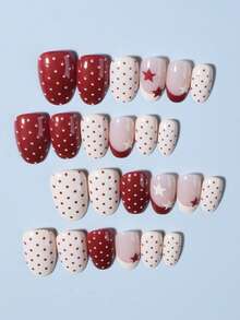 24pcs Oval Star Polka Dot Nail Stickers, Acrylic Material, Perfect Fit, Set Includes: 1pc Jelly Gel And 1pc Nail File. Short Nail Stickers Make Your Fingertips Shine Brilliantly, Suitable For Parties, Dancing And Daily Use.