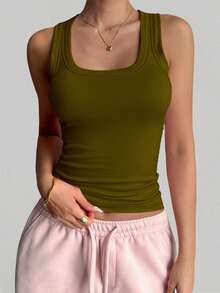 GAOVOT Áo thun nữ cổ vuông, kiểu dáng Y2K, gợi cảm, cơ bản, thường ngày, thể thao, mặc nhà. - Màu xanh Ô liu - Xem 6