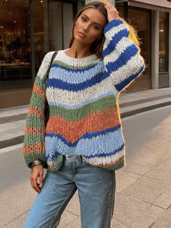 秋季女装毛衣彩虹针织条纹套头衫：复古风宽松针织女装毛衣，别致秋季单领高街上衣校服可爱上衣女装返校节 Y2k 服装街头时尚复古风格女装教师装