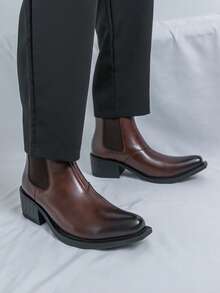 Men's Retro High Heel Chelsea Ankle Boots, Square Toe Glossy Leather Casual Business Dress Elevator Shoes