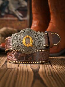 1pc Men's Western Style Letter Buckle PU Leather Belt (Hole Puncher Included) - Yellow Gold - View 26