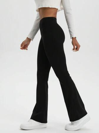 Pantalones deportivos negros de cintura alta y acampanados de unicolor y elásticos, pantalones casuales de uso diario para primavera y verano, leggings para mujeres, ropa de mujer