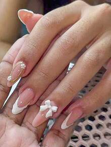 10 Pieces Of Handcrafted Press On Nails Stiletto, Press On Short Nails, Almond Nails, Hand-Pulled Gel With Hand-Painted Golden Glitter Coils, White Small Flower Ornaments And White Bow Decorations On Nude Pink Nail Surface;The Cute Nails Are Suitable For Ladies And Girls To Wear To Parties And Daily Use As Fall Press On Nails.
