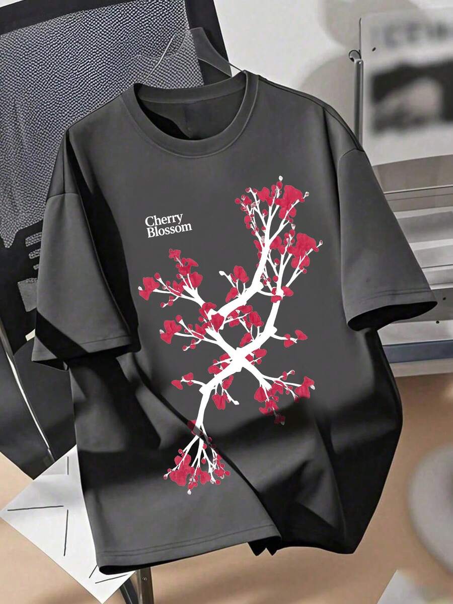 Boys & Teens' Casual Graphic Print Round Neck Short Sleeve T-Shirt, Summer Top - 深灰色 - 查看 1