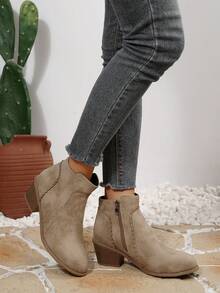 Women's Low Heel Classic Short Cowboy Style Side Zipper Floral Trim Holiday European & American Plus Size Ankle Boots, Chelsea Boots, Fashion Boots For Autumn/Winter - Khaki - View 3