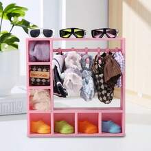 Doll Clothes Closet For Labubu, Doll Accessories For Labubu Clothes, Doll Clothes Storage For Labubu Display Box, Dolls Wardrobe Dollhouse Accessories For 15/17cm Dolls Clothes With 10 Hangers (Pink)
