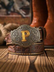 1pc Men's Western Style Letter Buckle PU Leather Belt (Hole Puncher Included) - Yellow Gold - View 2