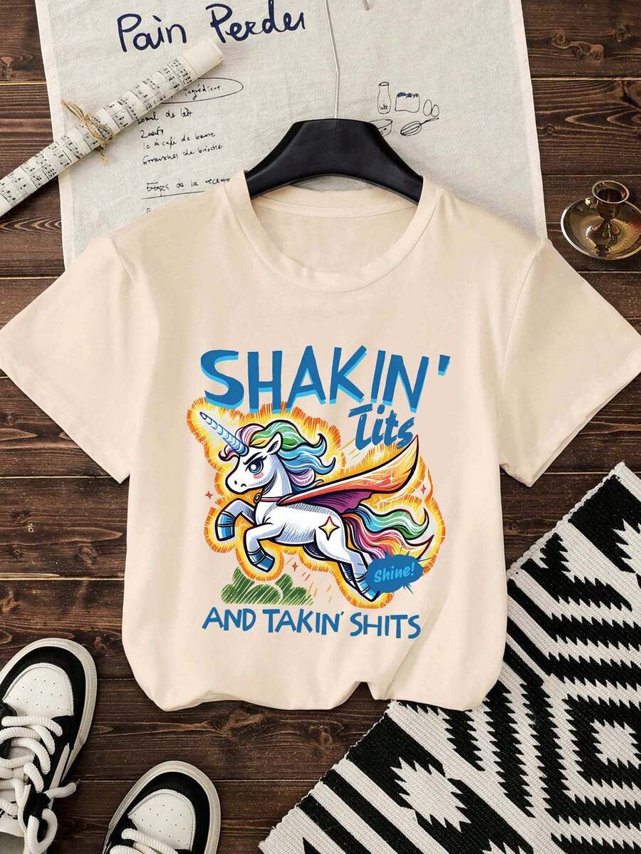 Women's Casual Round Neck Rainbow Unicorn Patterned Apricot Summer Top, Sweet And Gentle Elegant, Suitable For Casual Women's Wear At Home On A Slim Fit Short Sleeved T-Shirt, Graphic Tees Women - Apricot - View 1