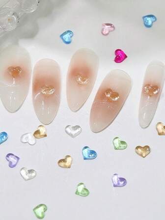 50 st färgglada mini hjärtformade nagelkonstdekorationer, 3D transparenta plattbottnade hartshjärtformade nagelsmycken