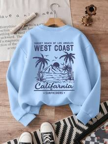 Sudadera de cuello redondo de manga larga con estampado de árbol y mar en estilo casual para niños preadolescentes, ropa de estudiante para otoño e invierno - Celeste - Ver 1