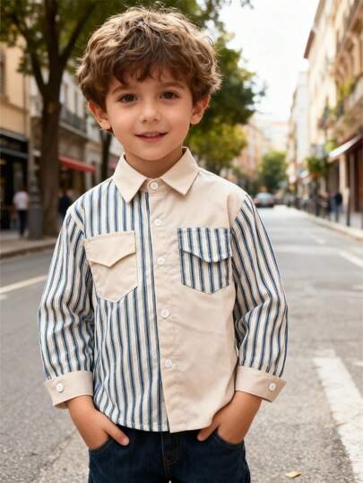 Maglietta casual a blocchi di colore e righe per bambini/bambini piccoli, primavera/autunno