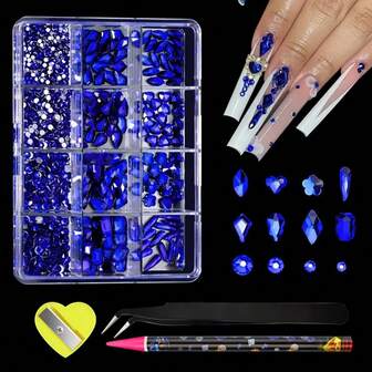 12颗混合蓝色不规则平底水钻，多形状美甲水钻，玻璃水钻美甲装饰，坚固的平底设计，DIY美甲材料，混合颜色，扁平水钻及家居美甲装饰，美甲配件，闪亮水钻