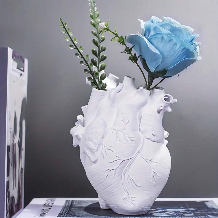 Heart Shaped Resin Vase - Anatomical Human Heart Flower Pot Planter, Nordic Modern Desktop Decor For Farmhouse Living Room, Bedroom, Valentine's Day Gift Home - 白色 - 查看 1