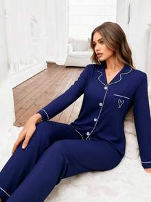 2 pièces Ensemble de pyjama femme avec Top à manches longues et pantalon, vêtements d'intérieur et d'extérieur décontractés et amples avec imprimé cœur, adapté pour l'automne et l'hiver - Bleu marine - Voir 8