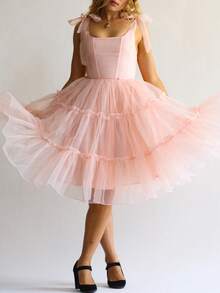 Womens Poofy Layered Tulle Short Dress Y2K Spaghetti Strap Sleeveless Square Neck Ruffle Tiered Tutu Dress Solid Color Tie Back Midi A-Line Dress Elegant Cocktail Party Dress - 粉色 - 查看 7