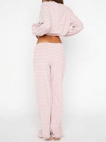 Women's Fall Pajamas Set Long Sleeve Round Neck Striped Tops And Elastic Waist Pants Lounge Wear 2 Pcs Set Women's Gray  White Striped 2-Piece Set - Crew Neck Long Sleeve Oversized Top  Wide-Leg Pants Soft Comfortable Casual Loungewear(S-L) - 粉色 - 查看 6
