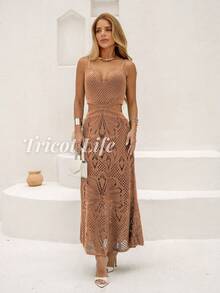 Midi Dress In Floral Knit With Lace Detailing, Cutouts, Lined, And Thin Straps. Perfect For Parties, New Year's Eve, Beach, Premium, And Elegant. - Màu nâu  Mocha - Xem 7