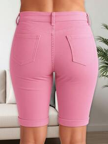 女式单口袋水洗紧身弹力骑行牛仔裤 - 粉紅色 - 查看 2