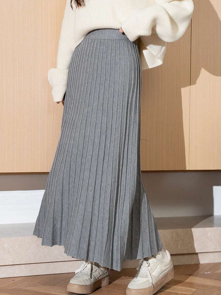 1pc Women Plain Minimalistic Elegant Slim Fit Flowy A-Line Midi Skirt, Casual Everyday Wear - Grey - View 1
