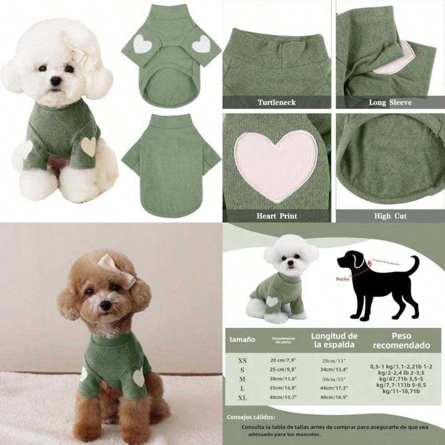 Sweater para Perro, Sudaderas para Cachorros pequeños y medianos, Camisetas para Mascotas con Patrones en Forma de corazón para Mantenerse Calientes (,)(Verde Large) - Multicolor - Ver 1