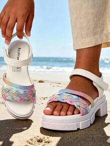 Sandal đế dày dệt kim tuyến cầu vồng ombre có thể điều chỉnh cho bé gái từ 3-12 tuổi, khóa dán. - Nhiều màu - Xem 13