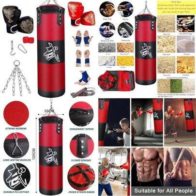 Saco de Boxeo Profesional, Bolsa de Boxeo de 10 Piezas, Saco de Boxeo Colgante de Karate Pelea de Boxeo 1.2M con Gancho y Cadena de Acero Inoxidable(Rojo)