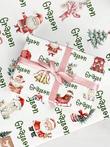 1pc Customized Christmas Wrapping Paper - Personalized Gift Wrapping Paper, Can Print Name, Holiday Theme, Cute Christmas Elements (Santa Claus, Reindeer, Bow, Ornaments, Christmas Tree, Gifts) - Multicolor - View 2
