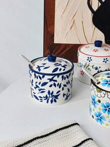 1pc Floral Design Ceramic Spice Jar With Lid And Spoon, Creative Household Seasoning Container, Convenient Spice Dispenser