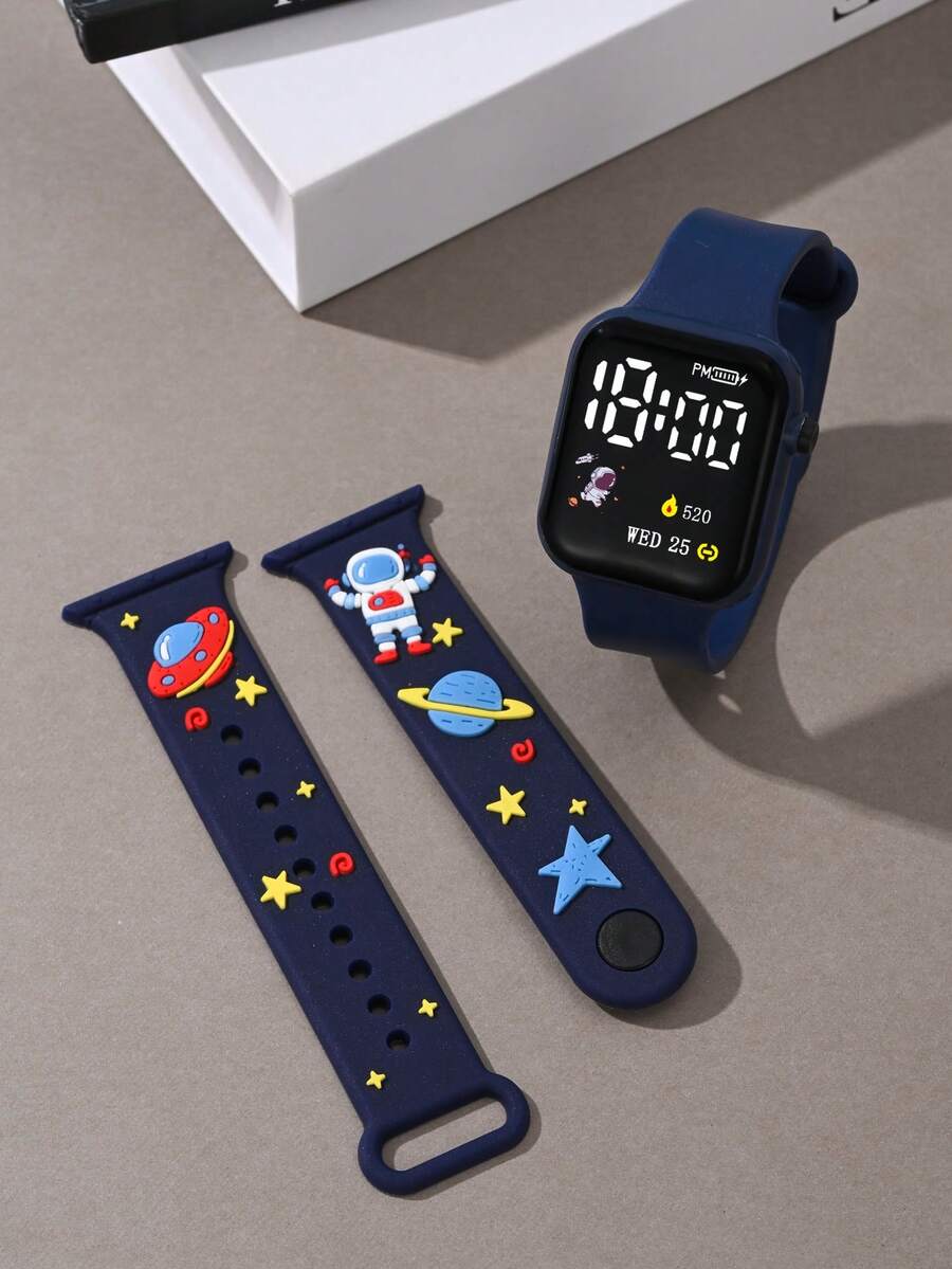 2pcs Classic Square LED Children's Electronic Watches, Suitable For Boys And Girls. This Strap-Style Electronic Watch Is Suitable For Wearing During The Back-To-School Season. Each Watch Comes With A Spare Strap, With Shapes Including Butterfly, Flower Or Strawberry (Interchangeable).