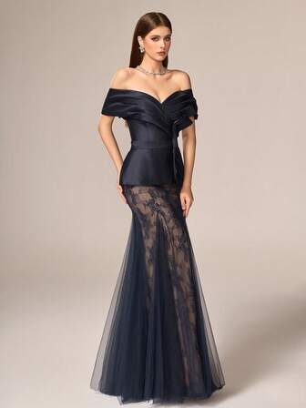 VIPGIRL Elegant Luxury Women's Long Off-Shoulder Formal Dress With Bow And Contrast Lace Mesh Hem