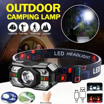 超亮LED头灯手电筒，可充电头灯，带运动传感器，5种照明模式和双开关，解放双手的头灯，适用于露营、徒步、跑步、钓鱼、洞穴探险