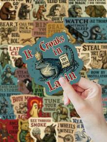 50张中世纪复古动物贴纸，仿古风格，拟人化动物图案和格言设计，适用于日记装饰，防水哑光乙烯基材质，可用于手机壳、马克杯等，激发智慧与勇气。