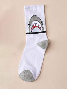 2 双时尚鲨鱼图案运动休闲中筒袜