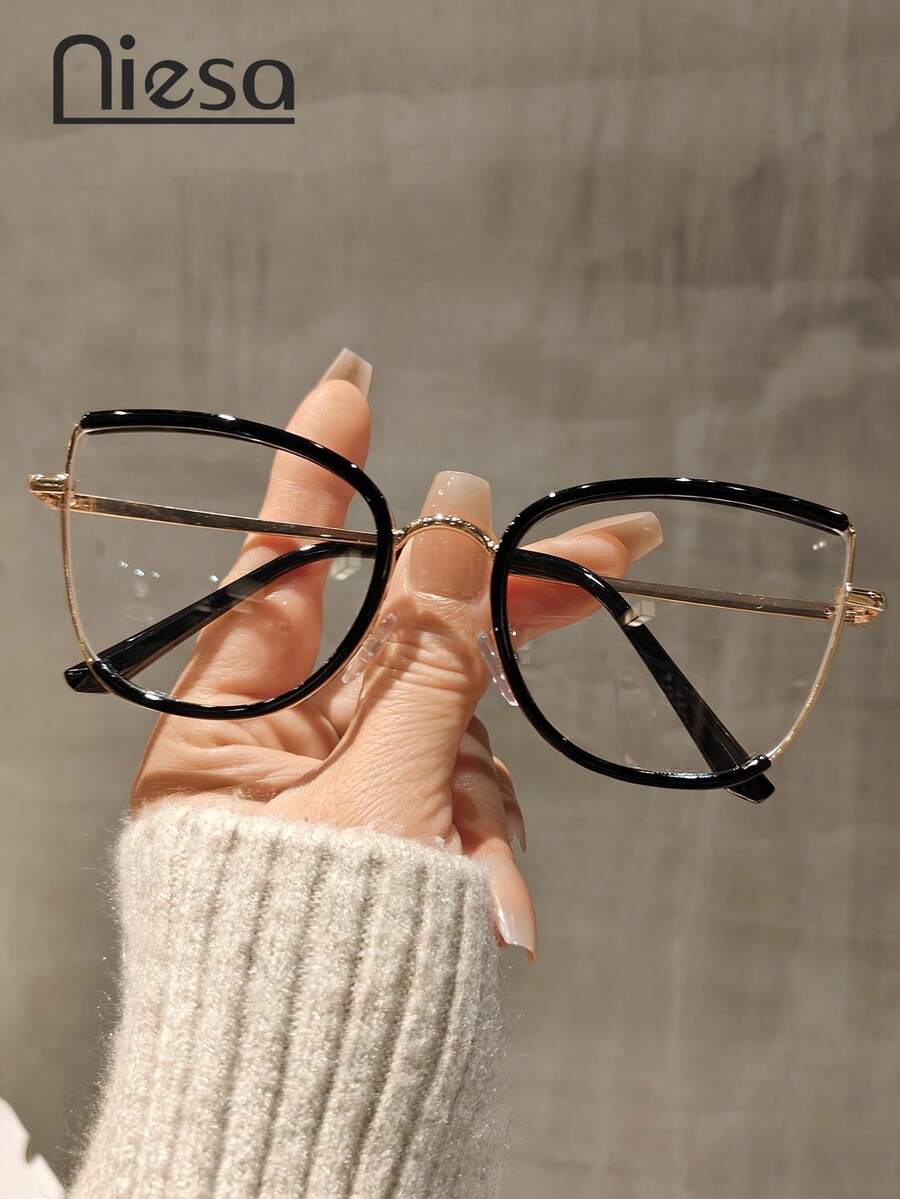 1 par de gafas con montura de metal con forma de ojo de gato, estilo europeo y americano, para usar con computadora, teléfono y uso diario - Multicolor - Ver 1