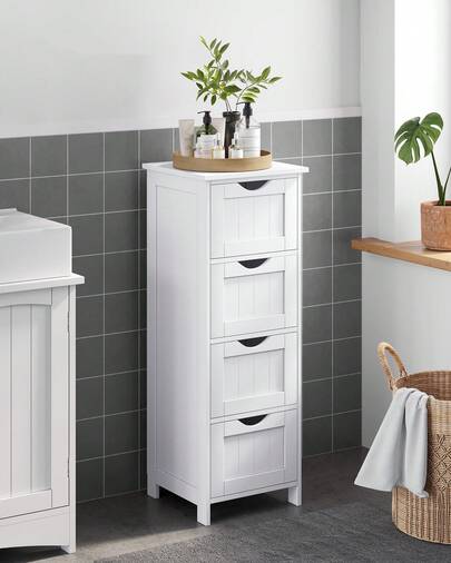 Bathroom Floor Storage Cabinet, Bathroom Storage With 4 Drawers, Bathroom Cabinet Freestanding, 30 X 30 X 82 Cm, Modern Style, White
