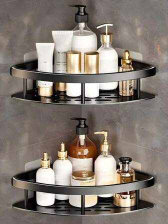 2-Layer Wall-Mounted Bathroom Shelf, Punch-Free Wall-Mounted Bathroom Shelf - Double-Layer Corner Shelf, Stainless Steel Black Rust-Proof Design, Space-Saving Shampoo, Conditioner, And Hygiene Product Storage - Modern Bathroom Accessories And Storage Organizer, With Efficient Drainage Function, Supports Punch-Free/Punch-Hole Installation Methods, Space-Saving Corner Design, Suitable For Storing Shampoo, Soap, And Cosmetics
