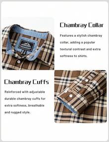 Flannel Shirt For Men Cotton Long Sleeve Plaid Shirt Lightweight Button Up Checkered Shirt Jacket With 2 Pockets - 棕色 - 查看 5