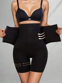 女士高腰塑身收腹短裤内裤带扣塑身瘦身紧身平腹提臀提臀塑身腰部束腿控制内衣 - 黑色 - 查看 7