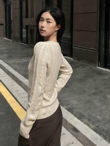 Women's Hollow Out Knit Sweater, V-Neck Long Sleeve Slim Fit Casual Top, Suitable For Early Autumn - Apricot - View 4