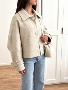 Plus Size Women Elegant Casual Loose Wool Blend Winter Jacket - Apricot - View 2