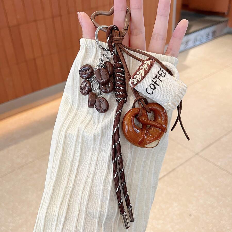 1pc Vintage Simulation Coffee Bean Charm -Coffee Beans Keychain With Pretzel And Bagel Charms,Fabric Coffee Hanging Ornament For Keychains, Bags, & Office Decor -Handcrafted Pretzel And Bagel Bag Charm - Multicolor - View 1