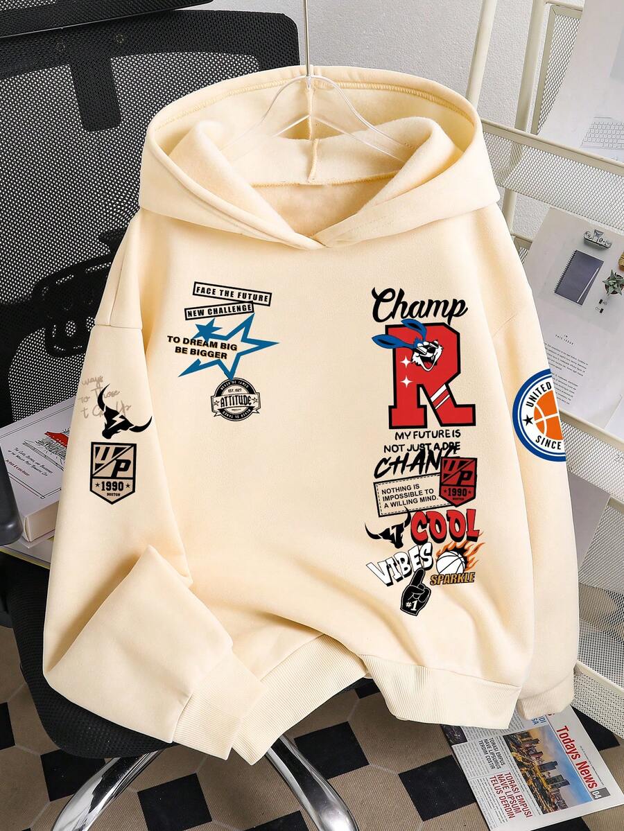 Tween Boy Cartoon Pattern Warm Sweatshirt - Apricot - View 1