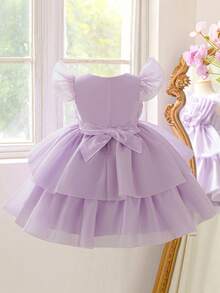 Vestido elegante de tul con purpurina 3D con cuello redondo y flores para niñas, adecuado para fiestas de cumpleaños, bodas y salidas, no incluye diadema - Púrpura malva - Ver 3