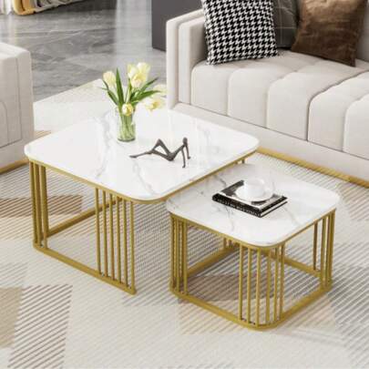 Set Of 2 Square Nesting Coffee Tables With A Glossy Marble Effect And Gold Legs, 70 X 70 X 45 Cm And 50 X 50 X 36.5 Cm, Versatile Use